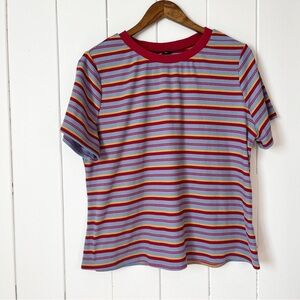 Shien Curve Blue, Red and Yellow Striped T-Shirt. Very Stretchy. Size 1X.